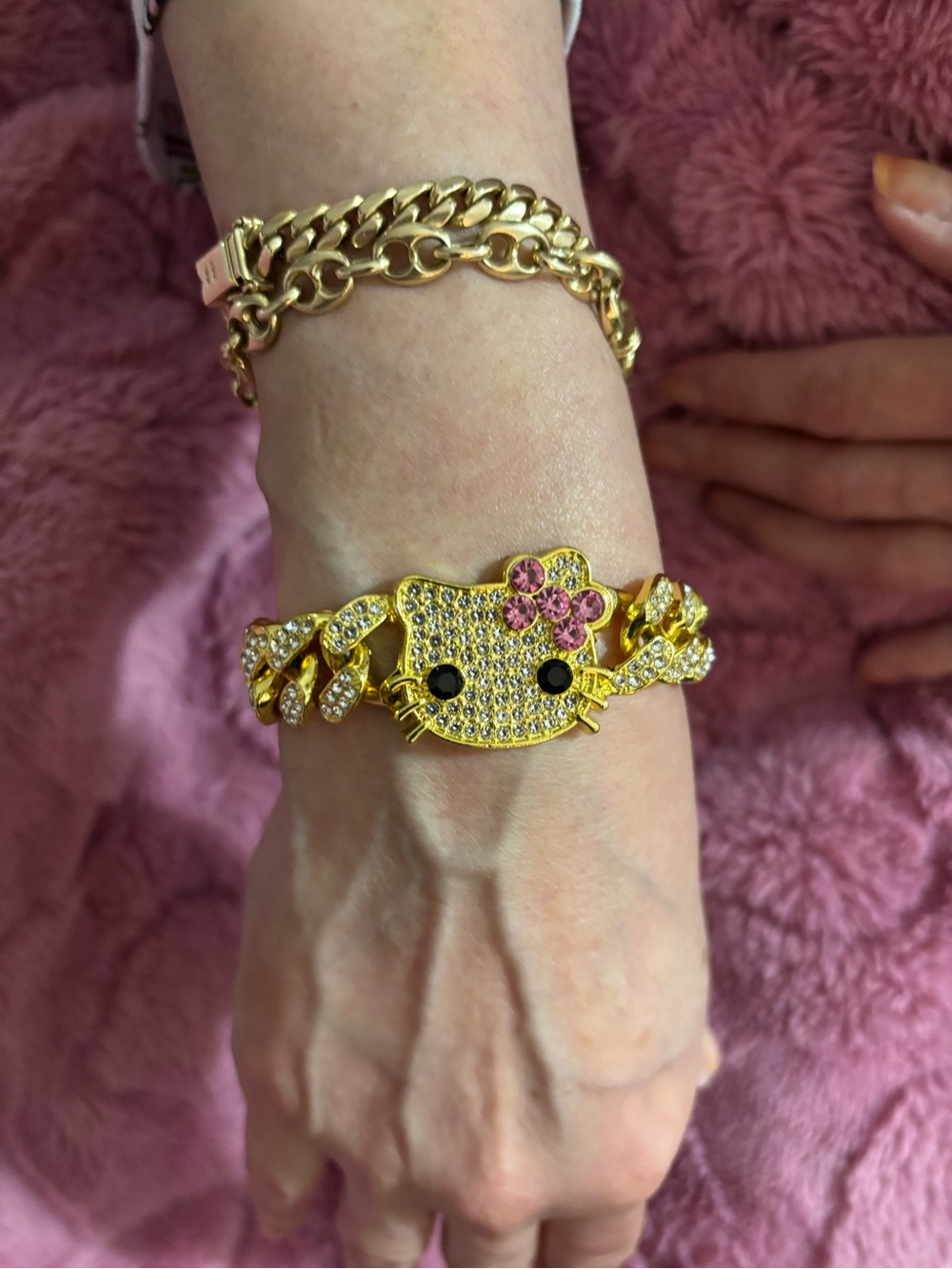 Gold-Tone Pink Bow Crystal Hello Kitty Style Bracelet